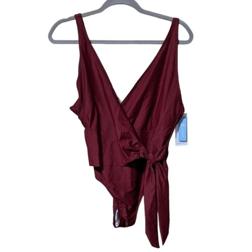 Cupshe one piece figure flattering side tie wrap swim suit burgundy 8 - Picture 9 of 9